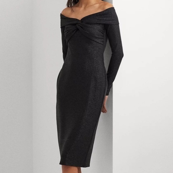 Lauren Ralph Lauren. Metallic Off-The-Shoulder Sheath Dress.
